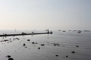 海边浅滩与延伸的栈桥