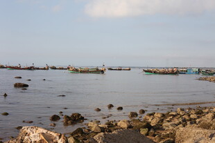 海边礁石与远海船只景象