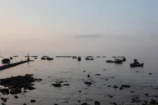 黄昏海港停泊的船只景象