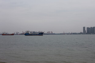 海上船只与远处城市景观