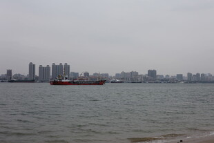 城市江畔船只远景