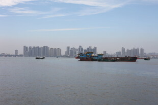 江边城市与江上船只景象