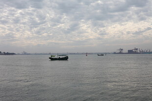 海上船只与远处城市景观