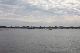 平静江面与远处城市景观