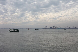 海上船只与远处城市景观