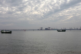 海上船只与远处城市景观