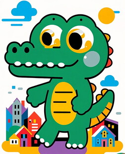 卡通鳄鱼与多彩城市风景