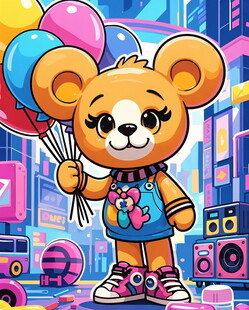 潮流小熊手持气球站在都市