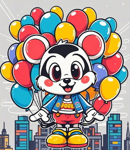 卡通鼠持多彩气球在城市上空