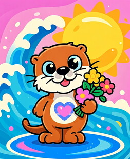 可爱海獭手持鲜花迎朝阳