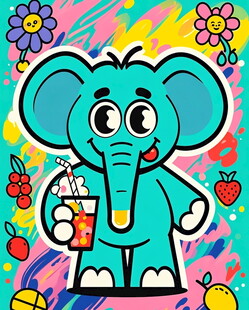 可爱大象手持饮料欢乐场景