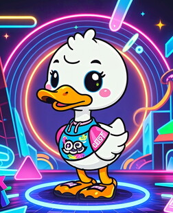 霓虹舞台上的可爱卡通小鸭