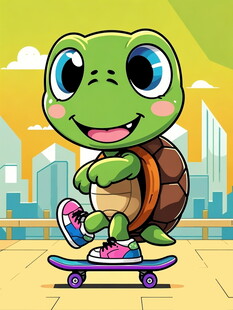 滑板上的可爱绿龟
