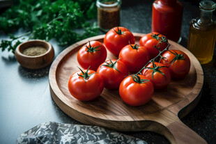 木盘上的新鲜红番茄