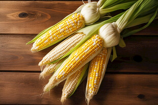 木桌上的新鲜玉米棒