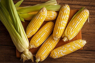 新鲜玉米摆放在木桌上
