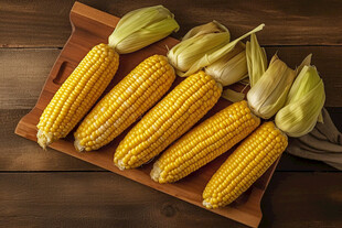 木盘上的新鲜甜玉米