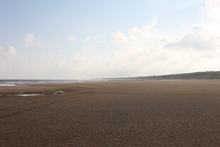 广阔沙滩与远处海天景致