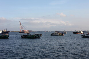 海上渔船与起重机景象