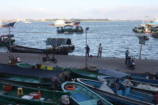 海滨码头渔船与人景