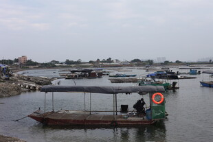 河边停泊的简易船只