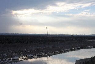 河畔风车与霞光风景