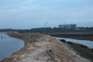 田野间的水渠与远处建筑