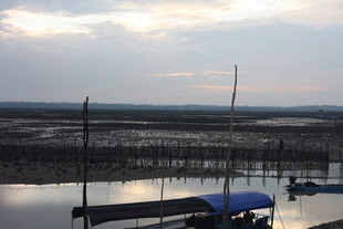 黄昏下的宁静水边停泊景象