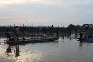 黄昏下宁静的水上停泊场景