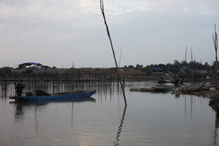 宁静水边停泊的蓝色小船
