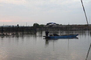 黄昏湖面小船静谧景象