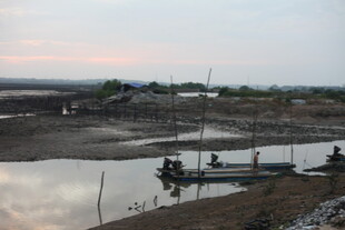 黄昏下的宁静水边场景