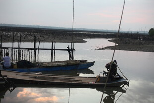 宁静湖畔停泊的几艘小船