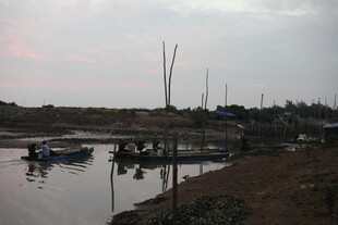 黄昏下的宁静水边场景