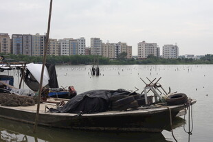 湖畔停泊的渔船与城市远景