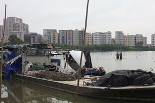 江边停泊的老旧船只