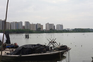 湖畔小船与远处城市景观