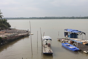 江边停泊的多彩船只