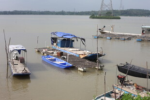 河畔停泊的多彩船只