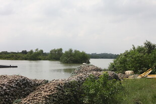 湖畔风景岸边堆垛与绿植
