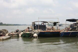 江边停泊的多艘作业船只