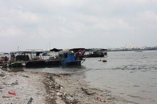 江边停泊的船只与泥滩