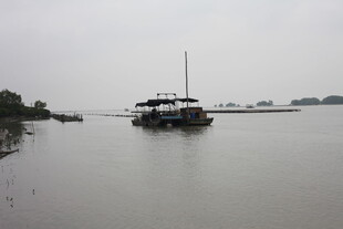 江上船只静泊于朦胧水域