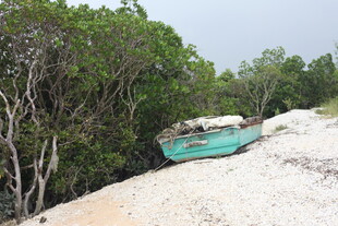 沙滩上的废弃蓝绿色小船