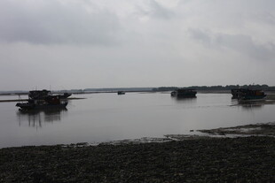 湖畔停泊船只的宁静景象