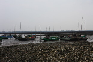 海边停泊的船只与砾石滩