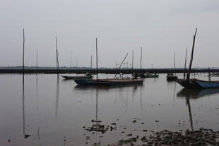 宁静湖面停泊的几艘帆船