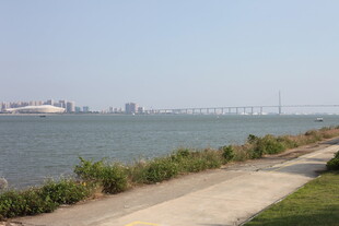 海滨步道与远处跨海大桥