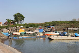 河边停泊的多彩船只