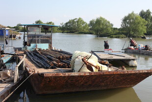 河边停泊的载货木船